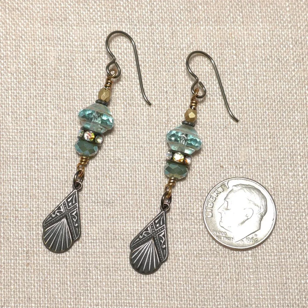 Hand Crafted Handmade Earrings Aqua Czech Glass Art Deco Rhinestone Earr… - Picture 3 of 4